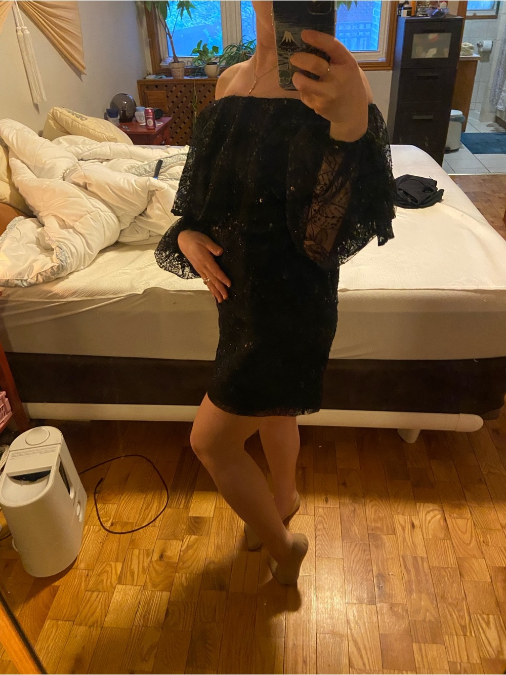 Black Off-Shoulder Lace Mini Dress